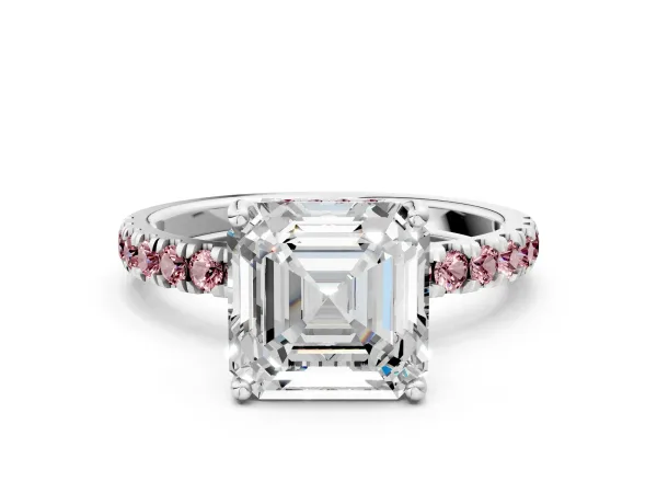Asscher Cut Diamond Pave Band Solitaire Ring with Round Morganite and Prong Setting Silver