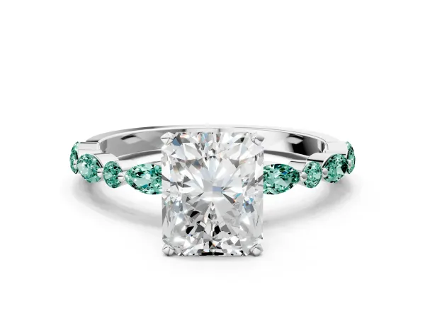 Radiant Cut Diamond Ring with Marquise and Round Green Sapphire Side Stones and Four-Prong Setting Platinum