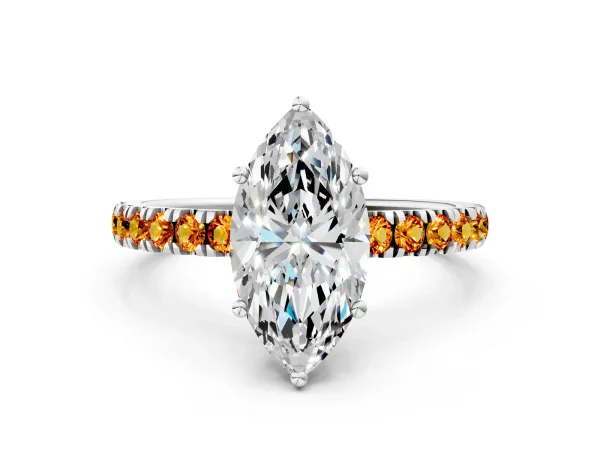 Marquise Cut Diamond Pave Band Solitaire Ring with Round Citrine and Prong Setting Platinum