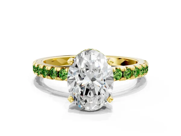 Oval Cut Diamond Solitaire Ring with Round Peridot Pavé Band and Four-Prong Setting Yellow gold