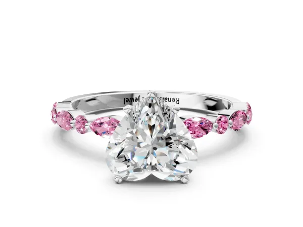 Heart Cut Diamond Ring with Marquise and Round Pink Sapphire Side Stones and Four-Prong Setting Platinum