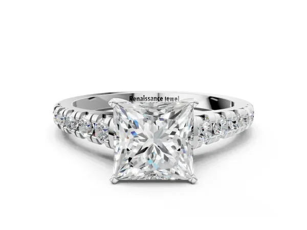 Princess Cut Diamond Cathedral Solitaire Ring with Round Pavé Band Platinum