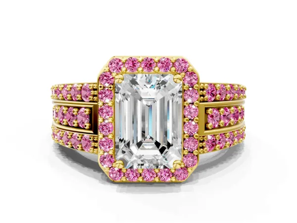 Emerald Cut Halo Diamond Ring with Round Pink Sapphire Split Shank and Prong Setting Yellow gold