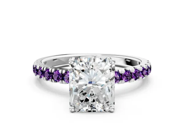 Radiant Cut Diamond Pave Band Solitaire Ring with Round Amethyst and Prong Setting Platinum