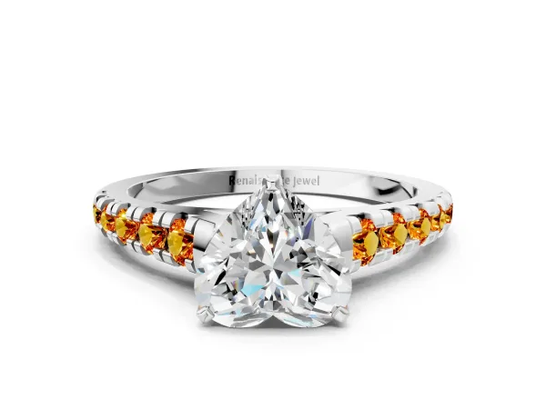 Heart Cut Diamond Cathedral Solitaire Ring with Round Citrine Pavé Band Platinum