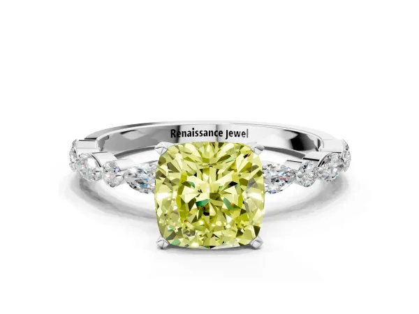 Fancy Yellow Cushion Cut Diamond Ring with Marquise and Round Side Stones and Four-Prong Setting White gold