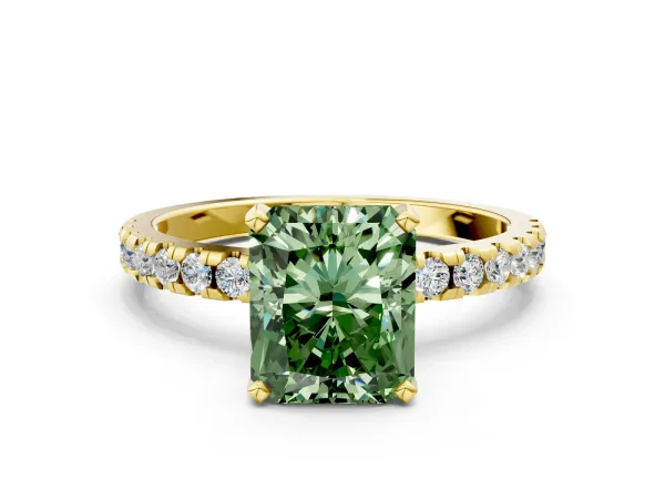 Fancy Green Radiant Cut Diamond Solitaire Ring with Round Pavé Band and Four-Prong Setting Yellow gold