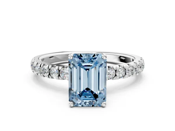 Fancy Blue Emerald Cut Diamond Pave Band Solitaire Ring with Round and Prong Setting Silver