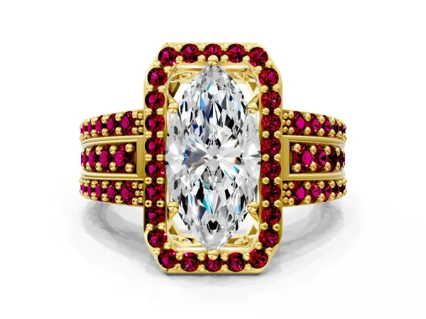 Marquise Cut Halo Diamond Ring with Round Garnet Split Shank and Prong Setting Yellow gold