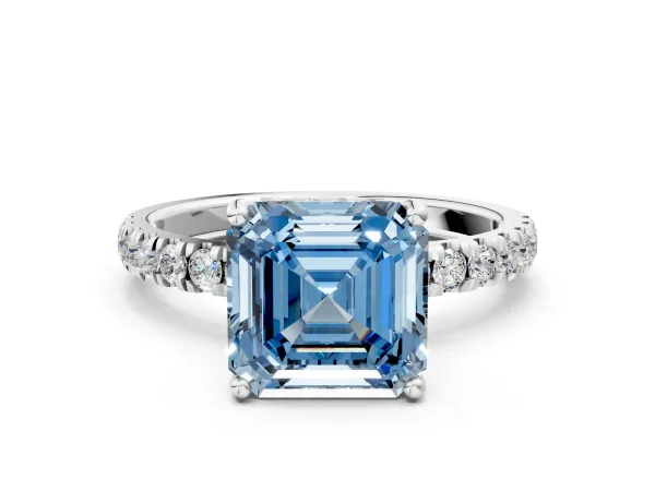 Fancy Blue Asscher Cut Diamond Pave Band Solitaire Ring with Round and Prong Setting White gold