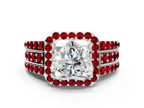 Heart Cut Halo Diamond Ring with Round Ruby Split Shank and Prong Setting Silver