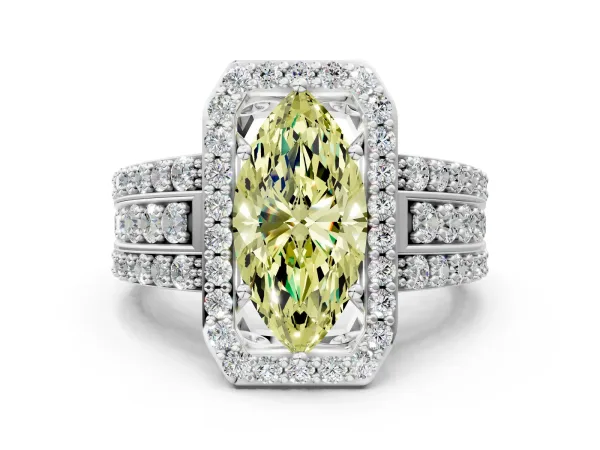 Fancy Yellow Marquise Cut Halo Diamond Ring with Round Split Shank and Prong Setting Platinum