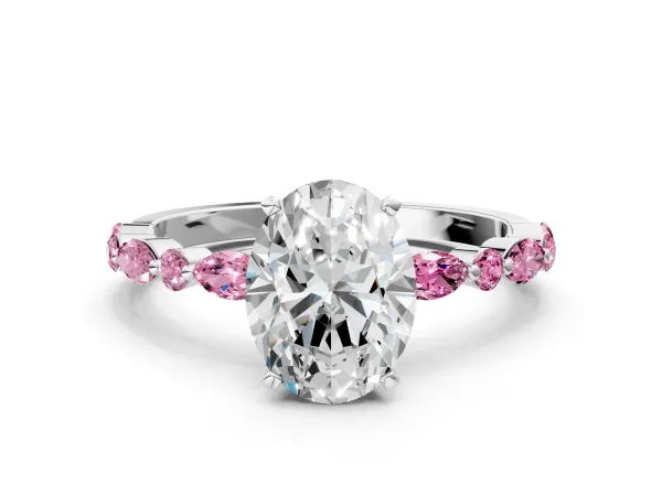 Oval Cut Diamond Ring with Marquise and Round Pink Sapphire Side Stones and Four-Prong Setting White gold