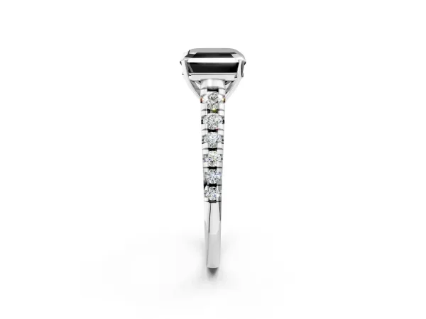 Fancy Black Asscher Cut Diamond Cathedral Solitaire Ring with Round Pavé Band Platinum