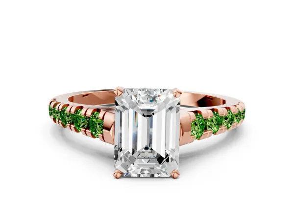 Emerald Cut Diamond Cathedral Solitaire Ring with Round Peridot Pavé Band Rose gold