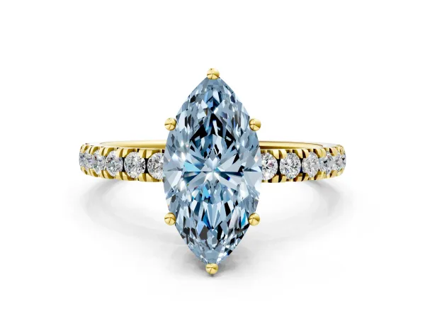 Fancy Blue Marquise Cut Diamond Pave Band Solitaire Ring with Round and Prong Setting Yellow gold