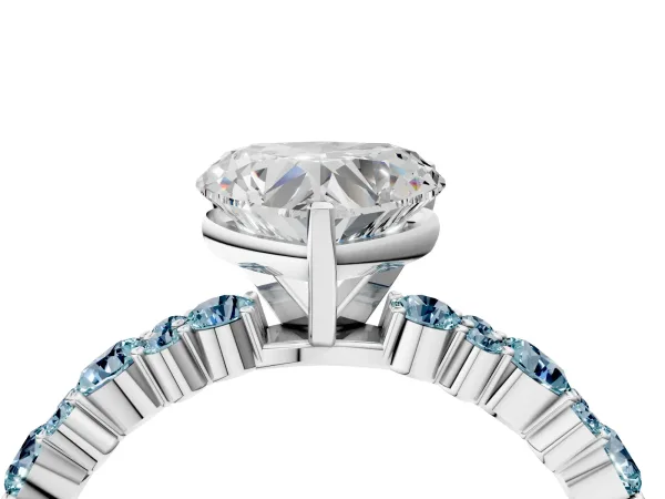 Heart Cut Diamond Side Stone Solitaire Ring with Round Aquamarine and Four-Prong Setting Silver
