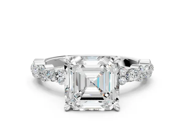 Asscher Cut Diamond Side Stone Solitaire Ring with Round Moissanite and Four-Prong Setting Platinum