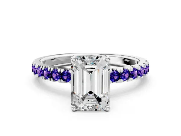 Emerald Cut Diamond Pave Band Solitaire Ring with Round Tanzanite and Prong Setting Platinum