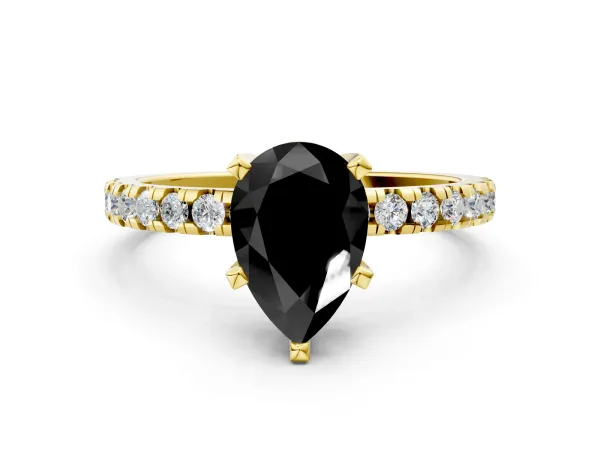 Fancy Black Pear Cut Diamond Solitaire Ring with Round Pavé Band and Four-Prong Setting Yellow gold