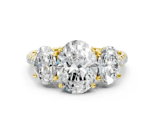 Three-Stone Oval Cut Diamond Ring with Round Moissanite Pavé Band and Prong Setting Yellow gold