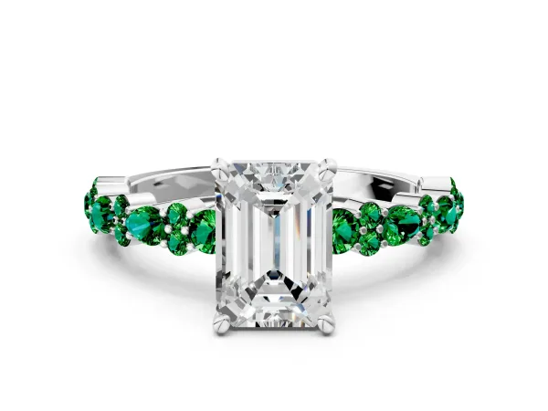 Emerald Cut Diamond Side Stone Solitaire Ring with Round Emerald and Four-Prong Setting White gold