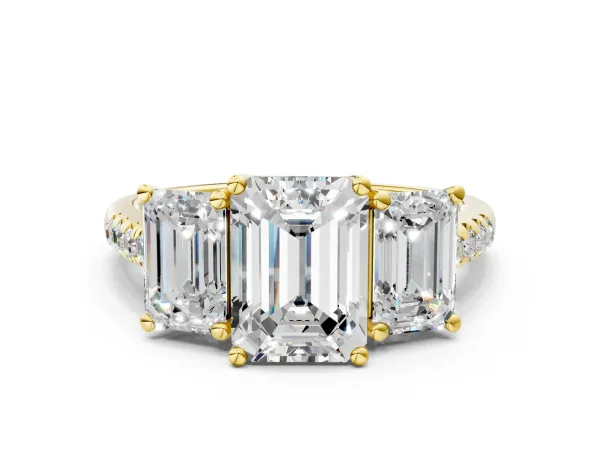 Three-Stone Emerald Cut Diamond Ring with Round Moissanite Pavé Band and Prong Setting Yellow gold