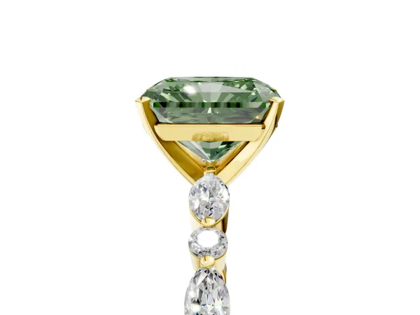 Fancy Green Radiant Cut Diamond Ring with Marquise and Round Side Stones and Four-Prong Setting Yellow gold