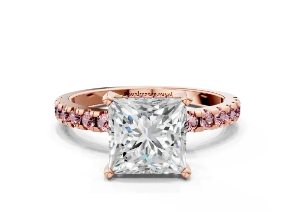 Princess Cut Diamond Solitaire Ring with Round Morganite Pavé Band and Four-Prong Setting Rose gold