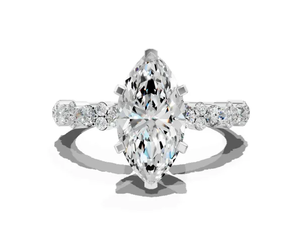 Marquise Cut Diamond Side Stone Solitaire Ring with Round and Four-Prong Setting Platinum