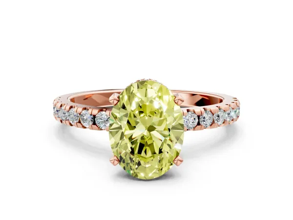 Fancy Yellow Oval Cut Diamond Solitaire Ring with Round Pavé Band and Four-Prong Setting Rose gold