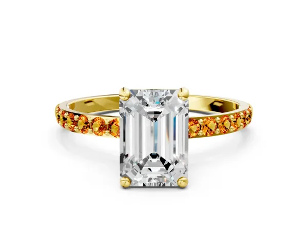 Emerald Cut Diamond Solitaire Ring with Round Citrine Pavé Band and Prong Setting Yellow gold