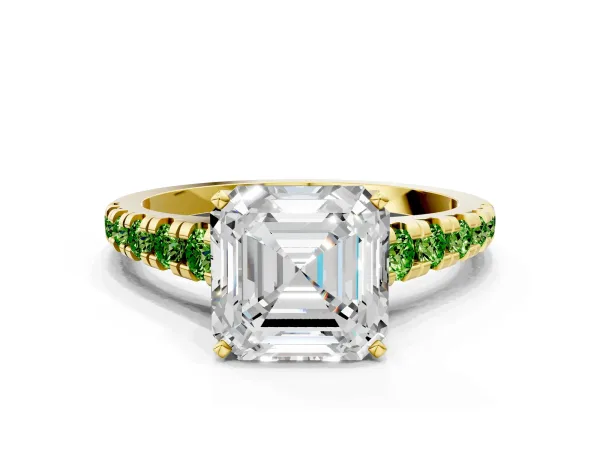 Asscher Cut Diamond Cathedral Solitaire Ring with Round Peridot Pavé Band Yellow gold