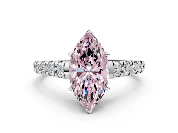 Fancy Pink Marquise Cut Diamond Cathedral Solitaire Ring with Round Pavé Band White gold