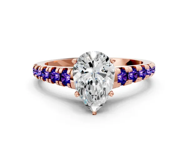 Pear Cut Diamond Cathedral Solitaire Ring with Round Tanzanite Pavé Band Rose gold