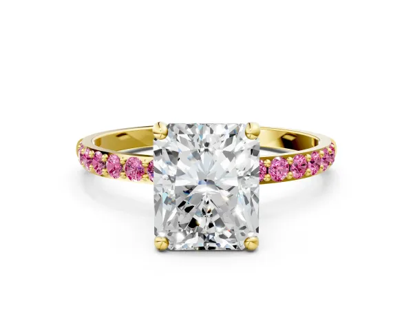 Radiant Cut Diamond Solitaire Ring with Round Pink Sapphire Pavé Band and Prong Setting Yellow gold