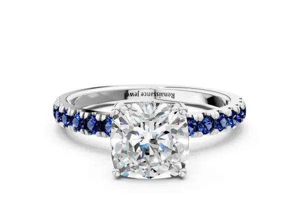 Cushion Cut Diamond Pave Band Solitaire Ring with Round Blue Sapphire and Prong Setting Platinum