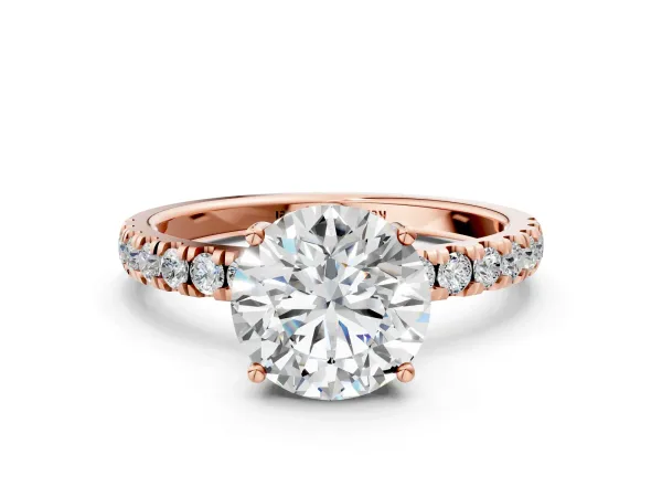 Round Cut Diamond Pave Band Solitaire Ring with Round and Prong Setting Rose gold