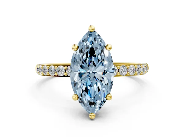 Fancy Blue Marquise Cut Diamond Solitaire Ring with Round Pavé Band and Prong Setting Yellow gold