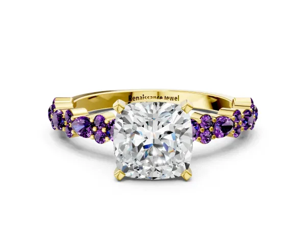Cushion Cut Diamond Side Stone Solitaire Ring with Round Amethyst and Four-Prong Setting Yellow gold