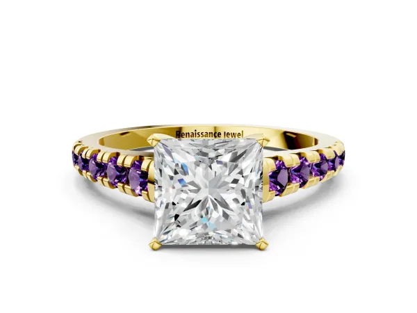Princess Cut Diamond Cathedral Solitaire Ring with Round Amethyst Pavé Band Yellow gold