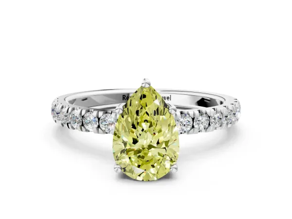 Fancy Yellow Pear Cut Diamond Pave Band Solitaire Ring with Round and Prong Setting White gold