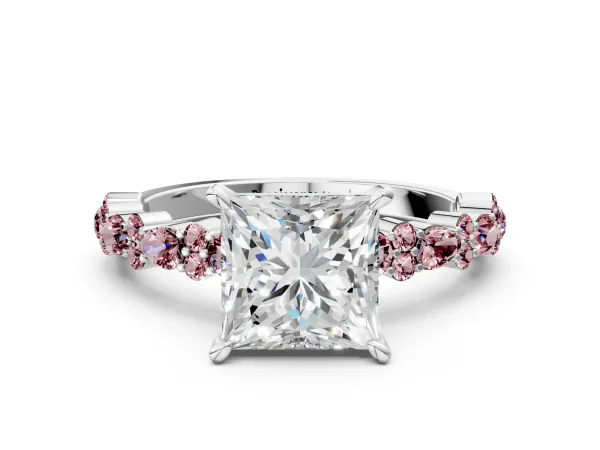 Princess Cut Diamond Side Stone Solitaire Ring with Round Morganite and Four-Prong Setting Platinum