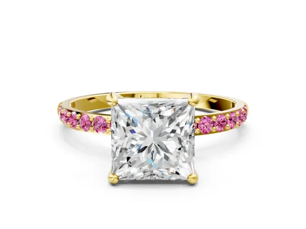 Princess Cut Diamond Solitaire Ring with Round Pink Sapphire Pavé Band and Prong Setting Yellow gold