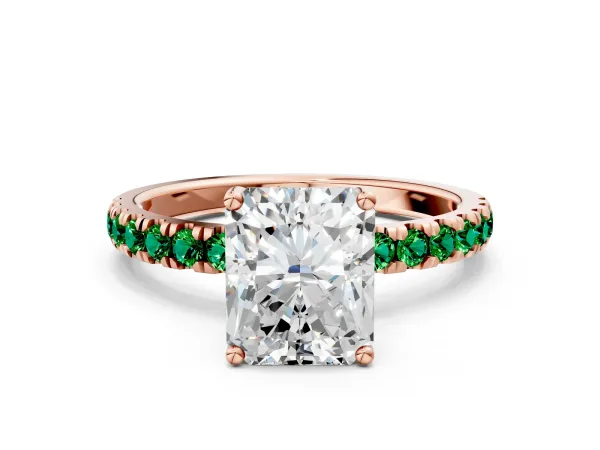 Radiant Cut Diamond Pave Band Solitaire Ring with Round Emerald and Prong Setting Rose gold