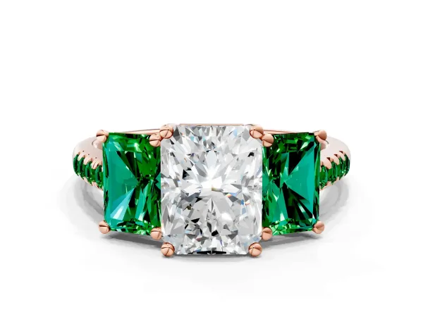 Three-Stone Radiant Cut Diamond Ring with Round Emerald Pavé Band and Prong Setting Rose gold