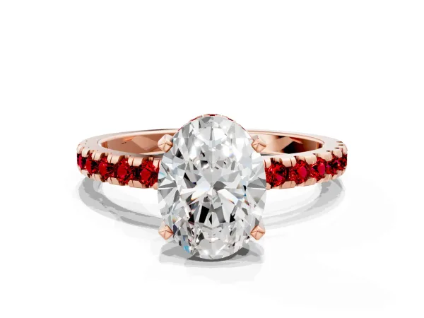Oval Cut Diamond Solitaire Ring with Round Ruby Pavé Band and Four-Prong Setting Rose gold