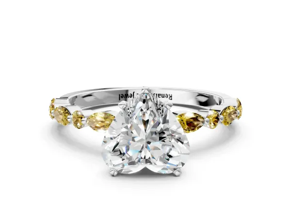 Heart Cut Diamond Ring with Marquise and Round Yellow Sapphire Side Stones and Four-Prong Setting Platinum