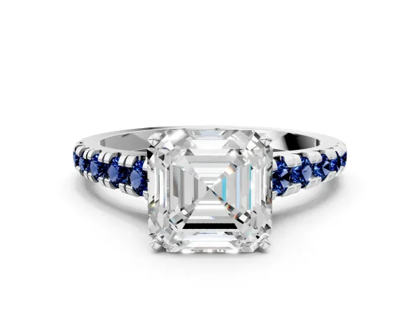 Asscher Cut Diamond Cathedral Solitaire Ring with Round Blue Sapphire Pavé Band Platinum