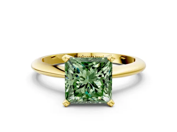 Fancy Green Princess Cut Diamond Solitaire Engagement Ring with Classic Band and Four-Prong Setting Yellow gold